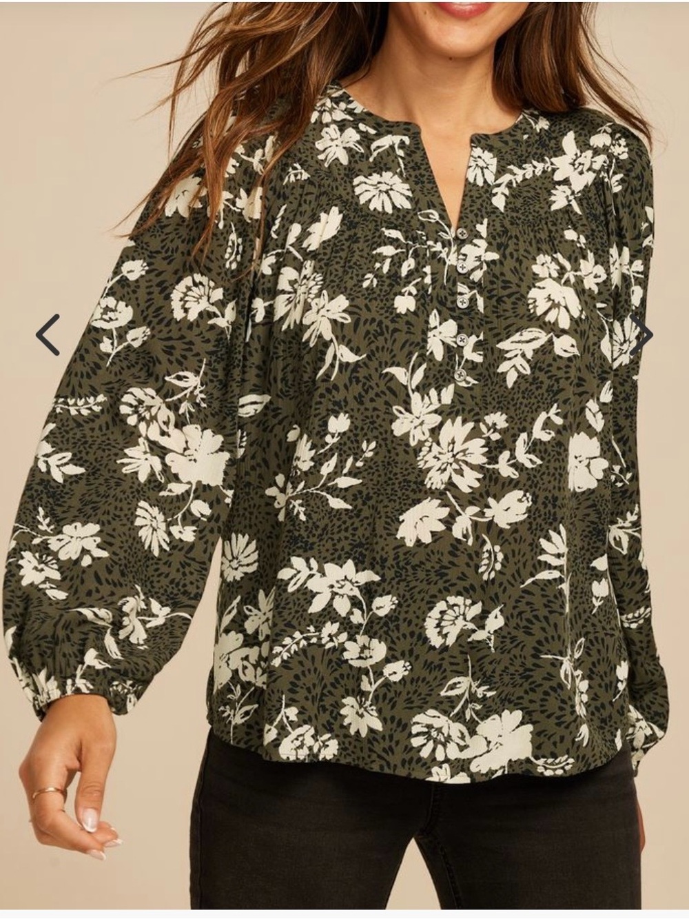 Maurices Olive Green Floral Button-Front Peasant Blouse